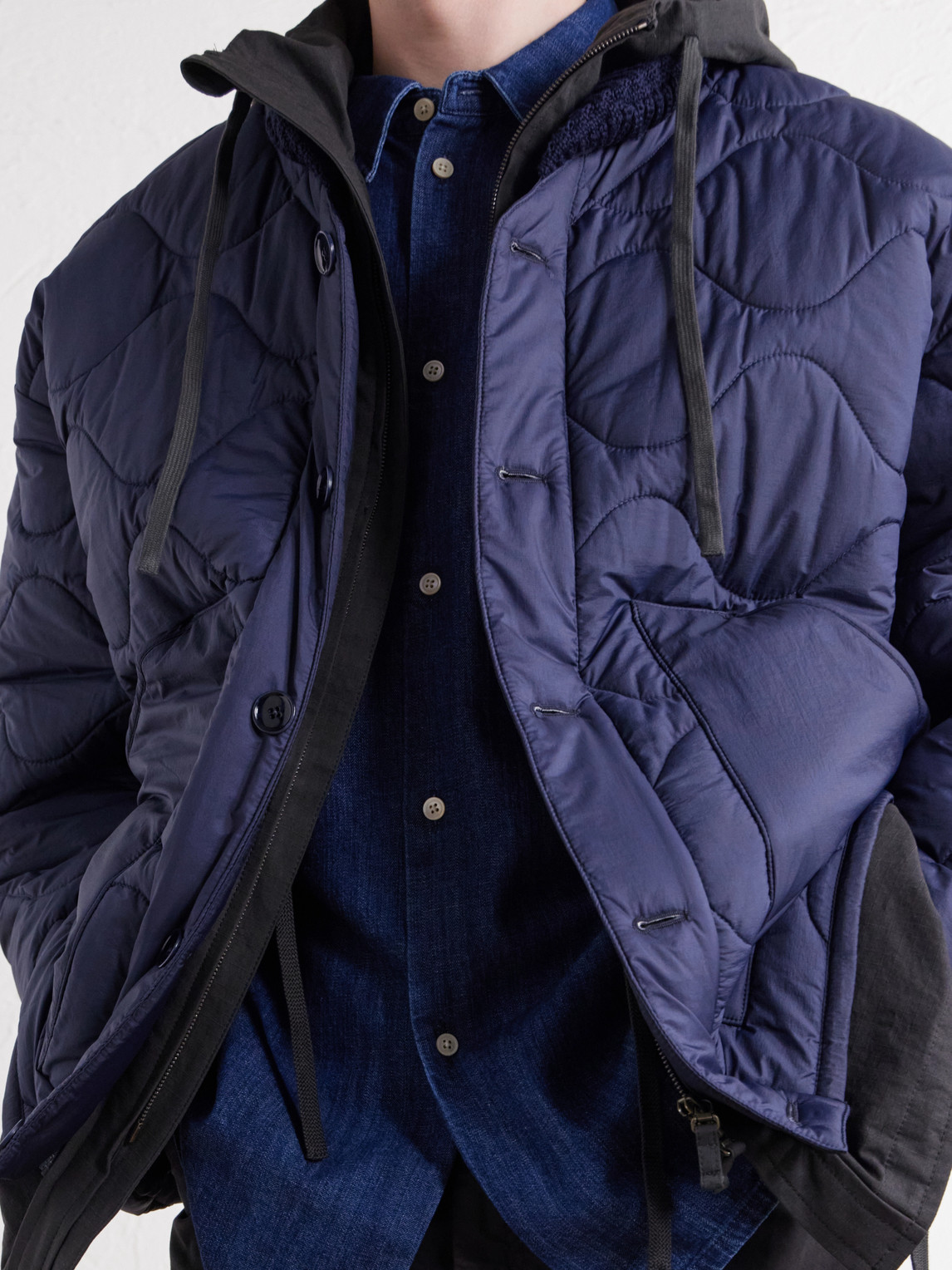 Tres En Uno Hooded Layered Quilted Shell And Canvas Jacket