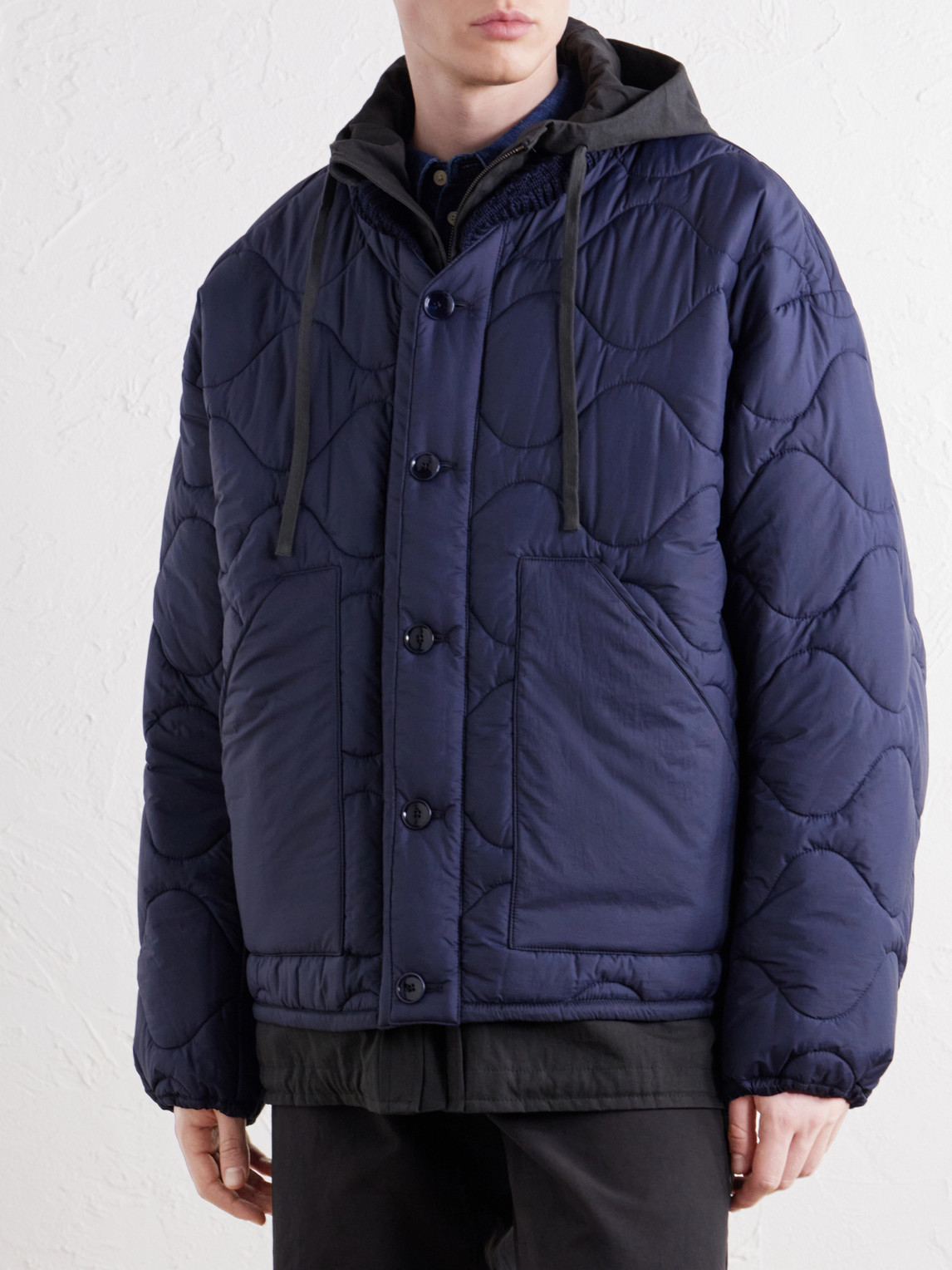 Tres En Uno Hooded Layered Quilted Shell And Canvas Jacket
