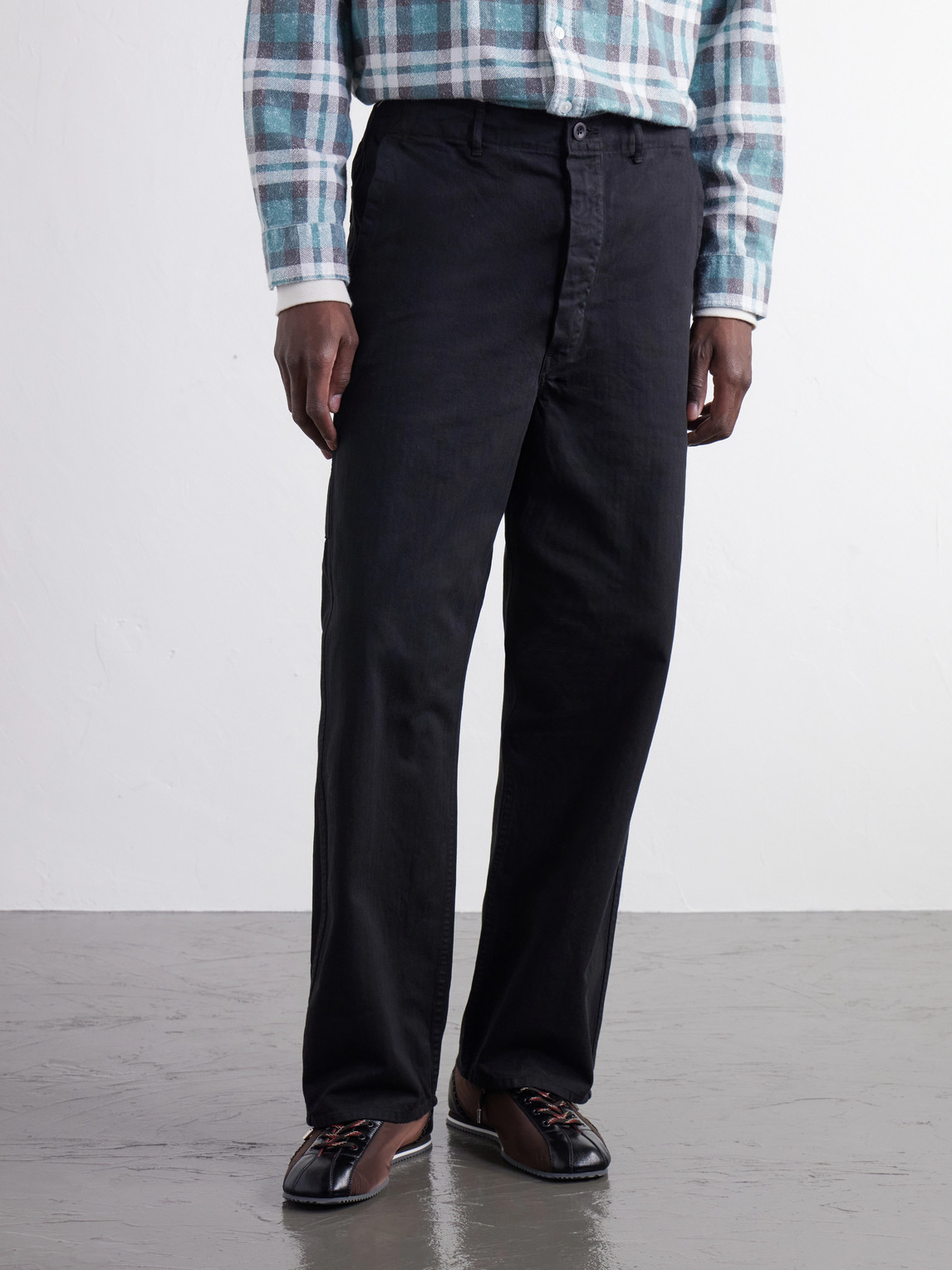 Straight-Leg Herringbone Cotton-Woven Trousers