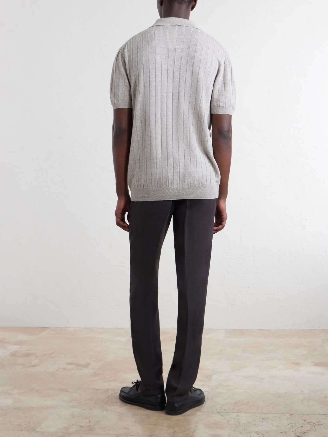 Open-Collar Ribbed Linen And Cotton-Blend Polo Shirt