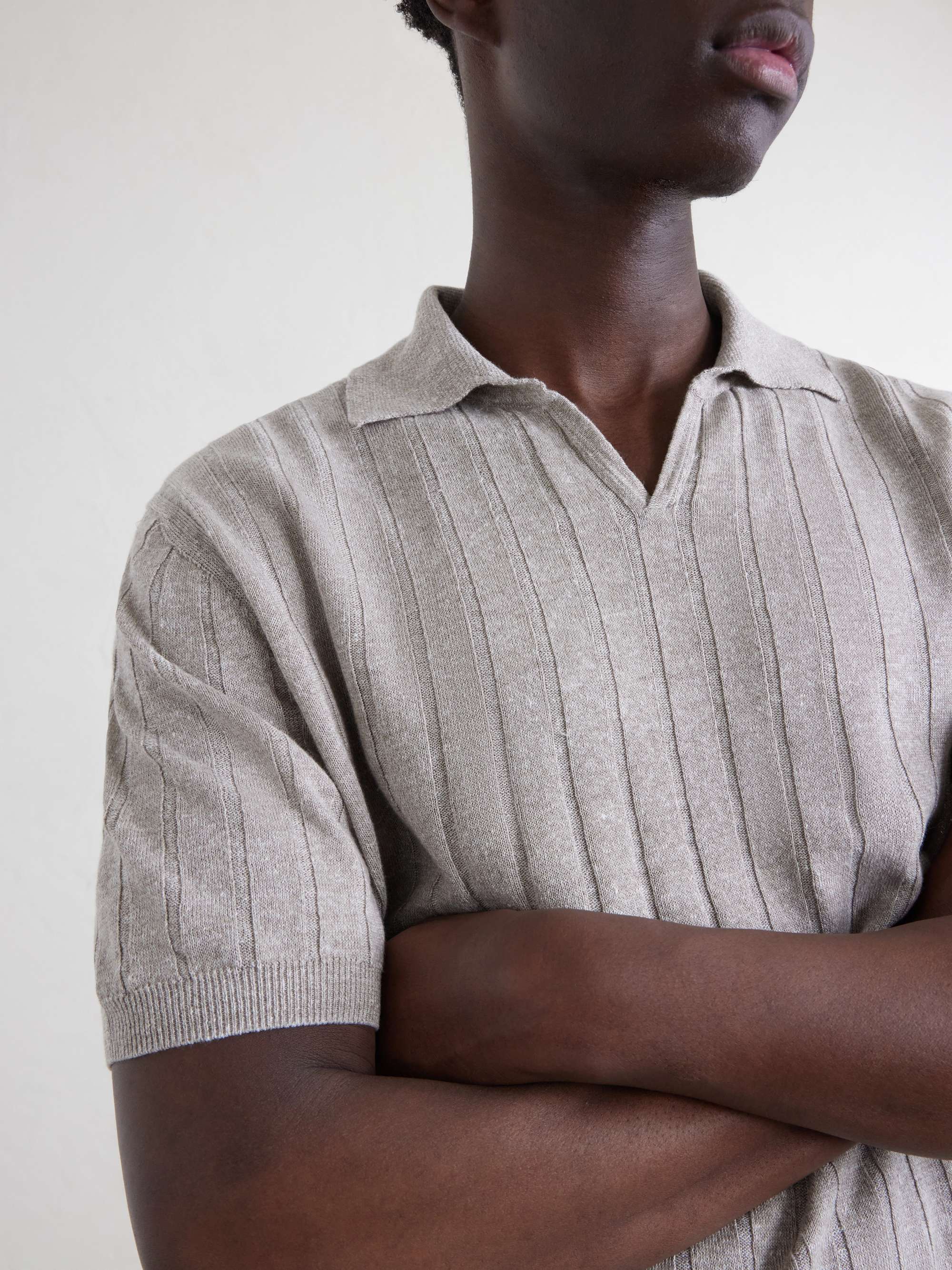 BOGLIOLI Open-Collar Ribbed Linen and Cotton-Blend Polo Shirt for