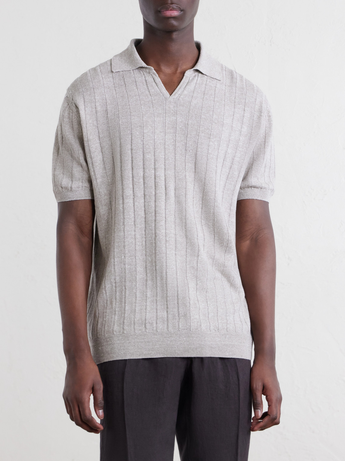 Open-Collar Ribbed Linen And Cotton-Blend Polo Shirt