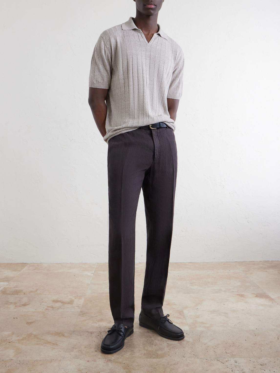 Open-Collar Ribbed Linen And Cotton-Blend Polo Shirt