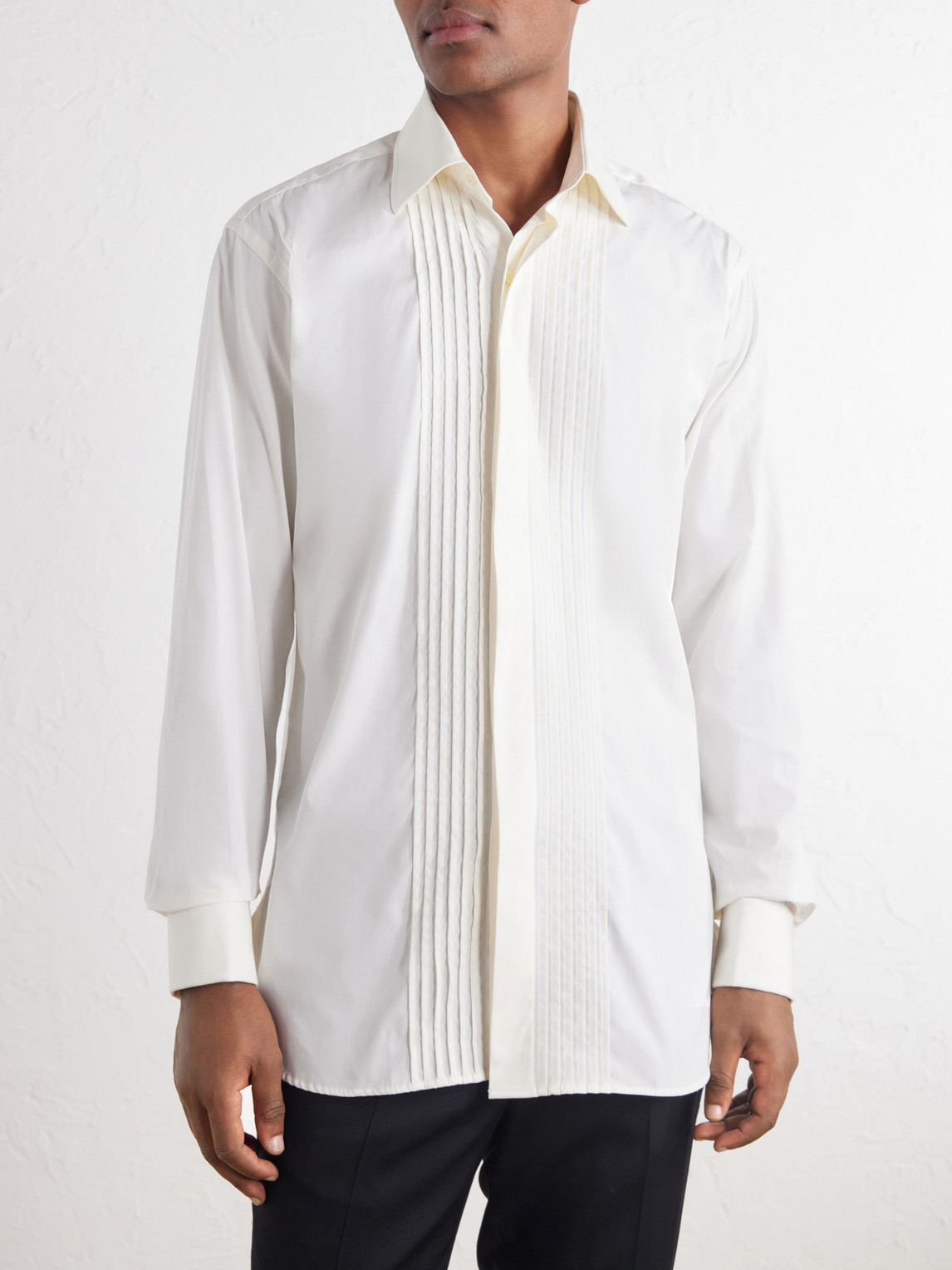 Classic-Collar Pintucked Cotton-Poplin Tuxedo Shirt
