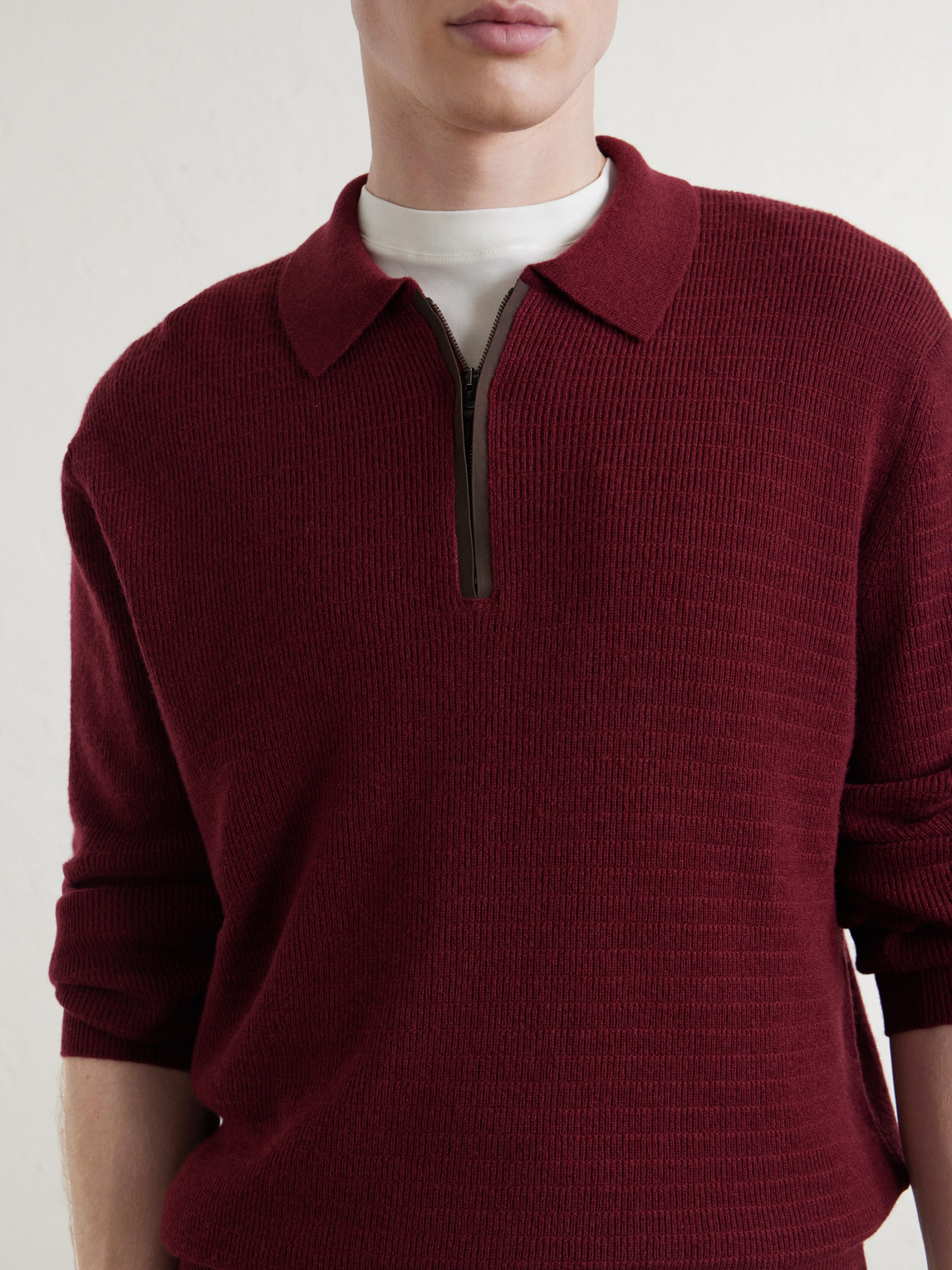 Nubuck-Trimmed Wool And Cashmere-Blend Half-Zip Polo Sweater