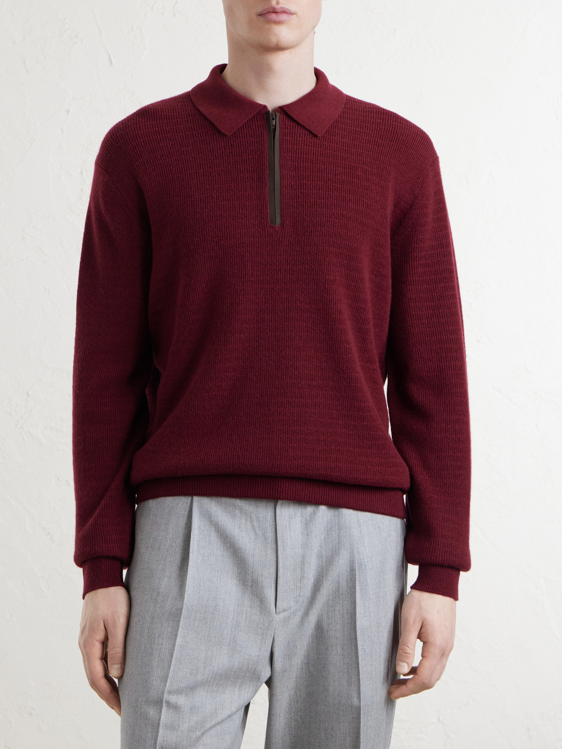 Nubuck-Trimmed Wool And Cashmere-Blend Half-Zip Polo Sweater