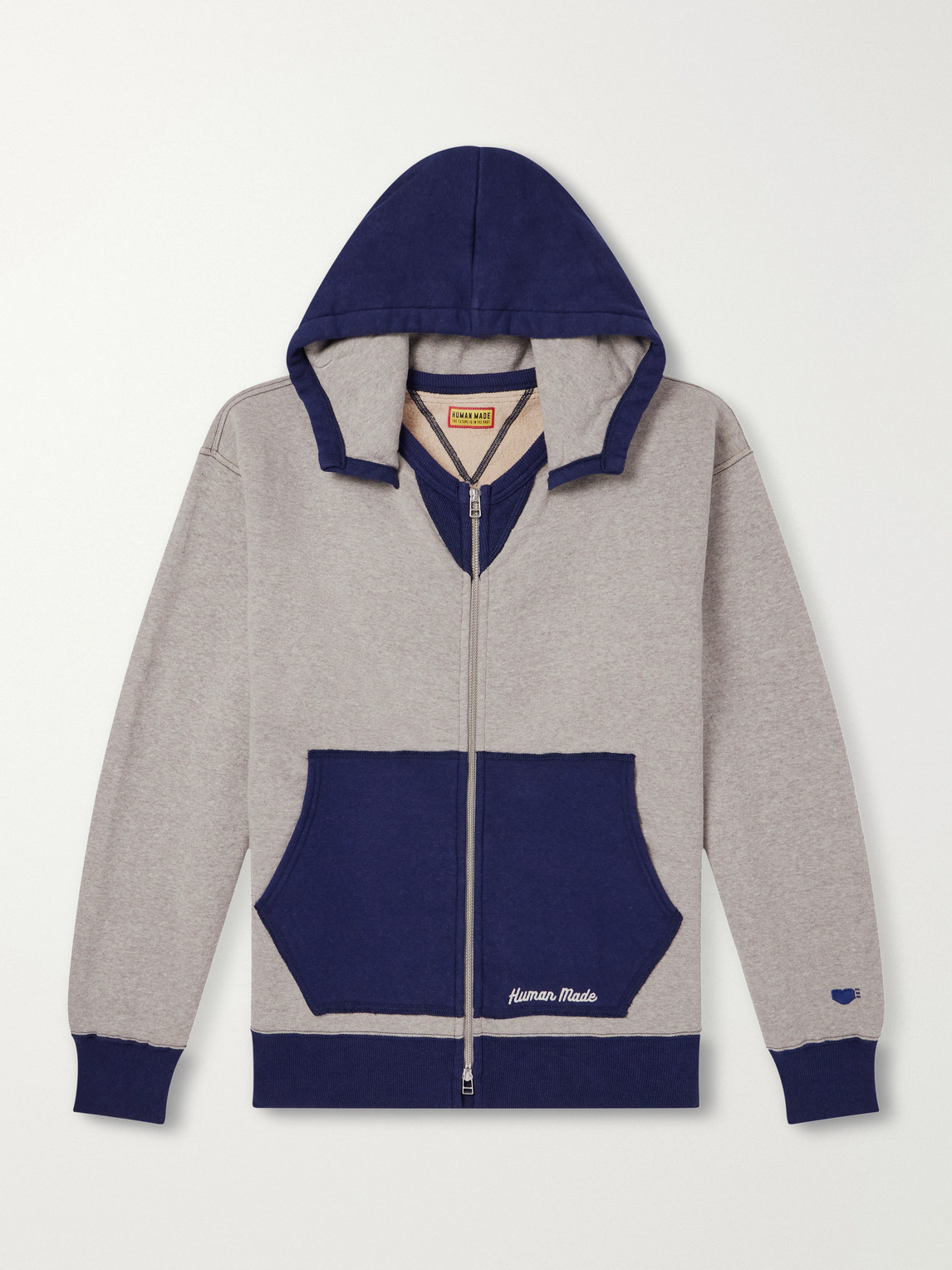 Human Made Logo-embroidered Two-tone Cotton-jersey Zip-up Hoodie In Gray