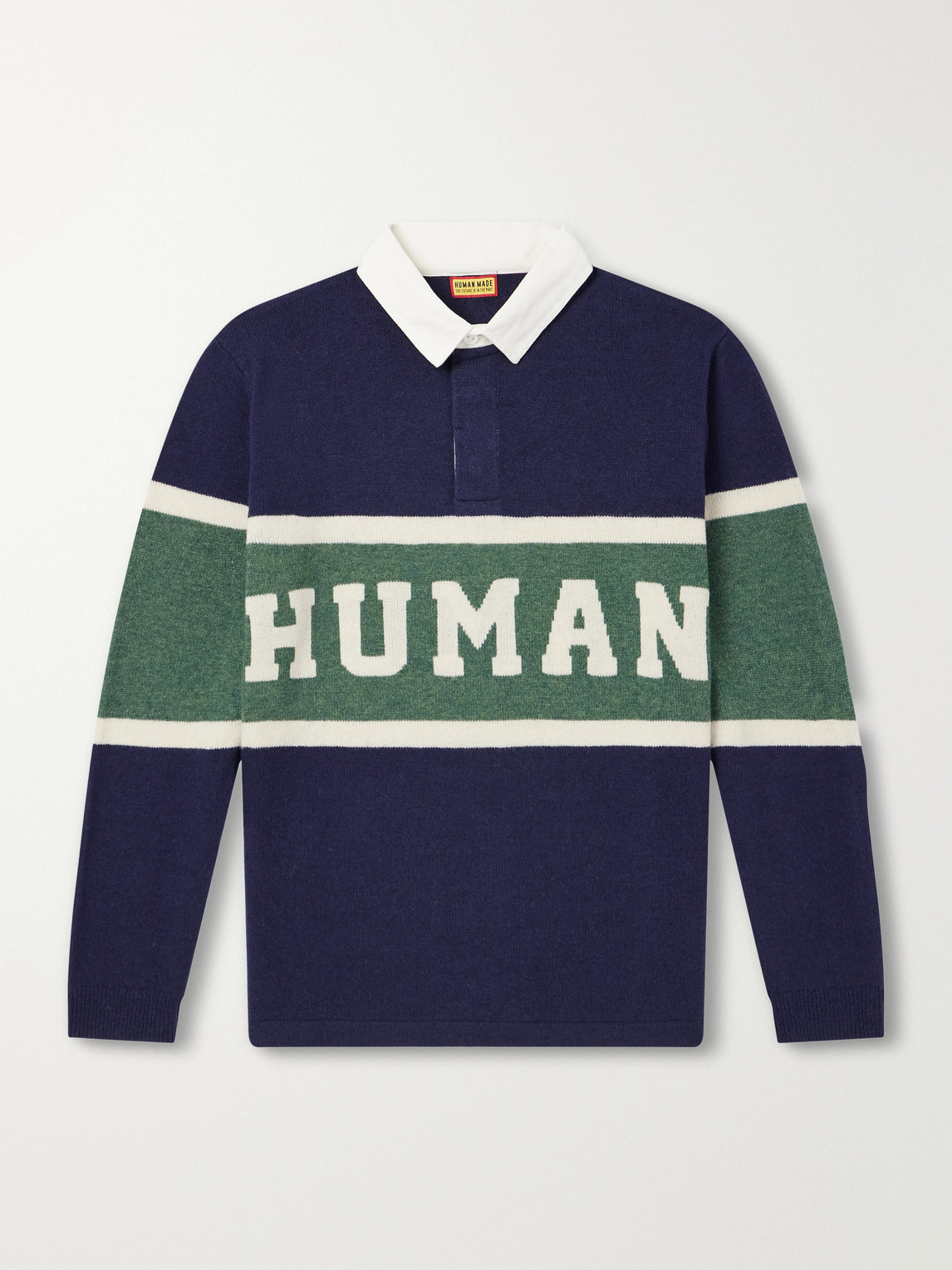 Human Made Logo-intarsia Wool-blend Polo Sweater In Blue