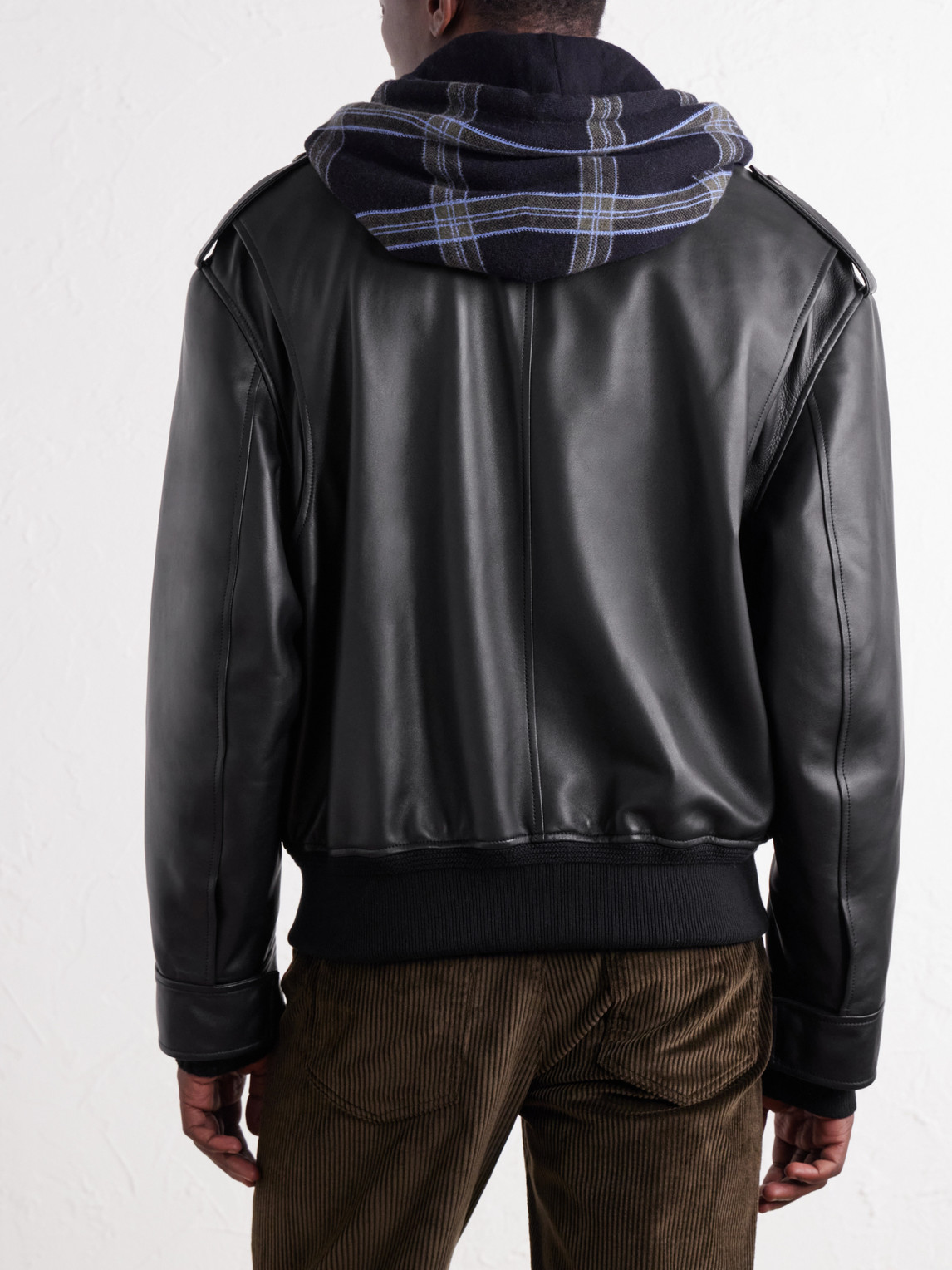 Hooded Checked Knit-Trimmed Leather