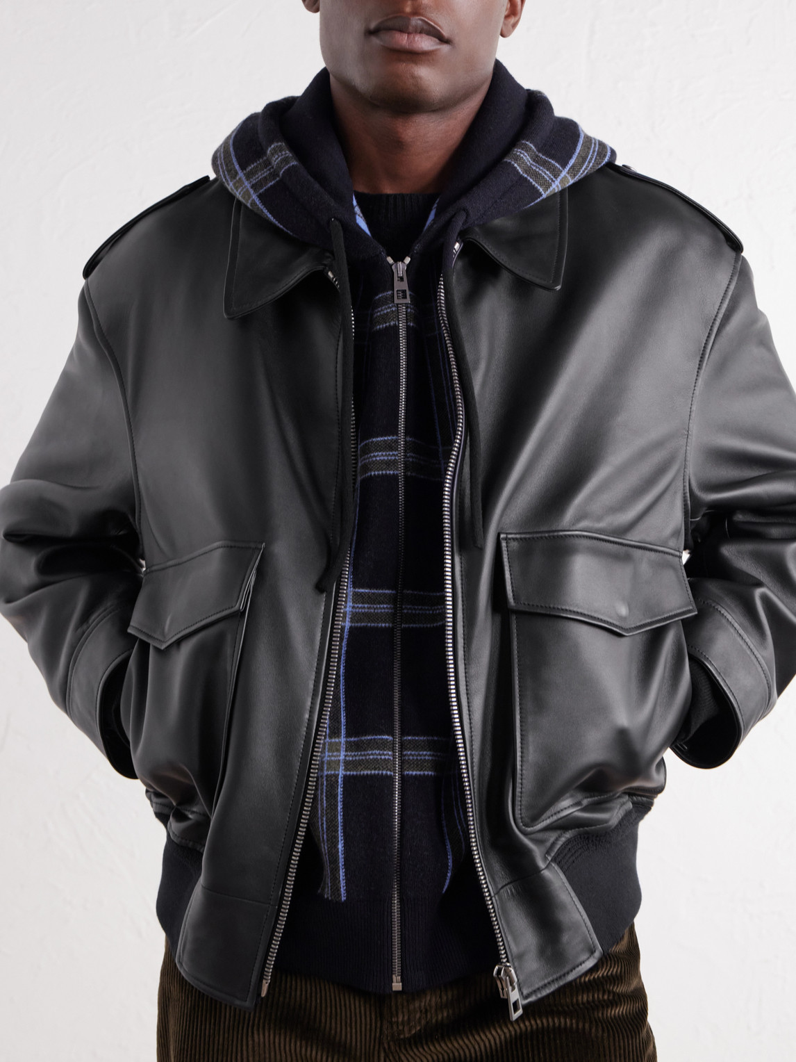 Hooded Checked Knit-Trimmed Leather