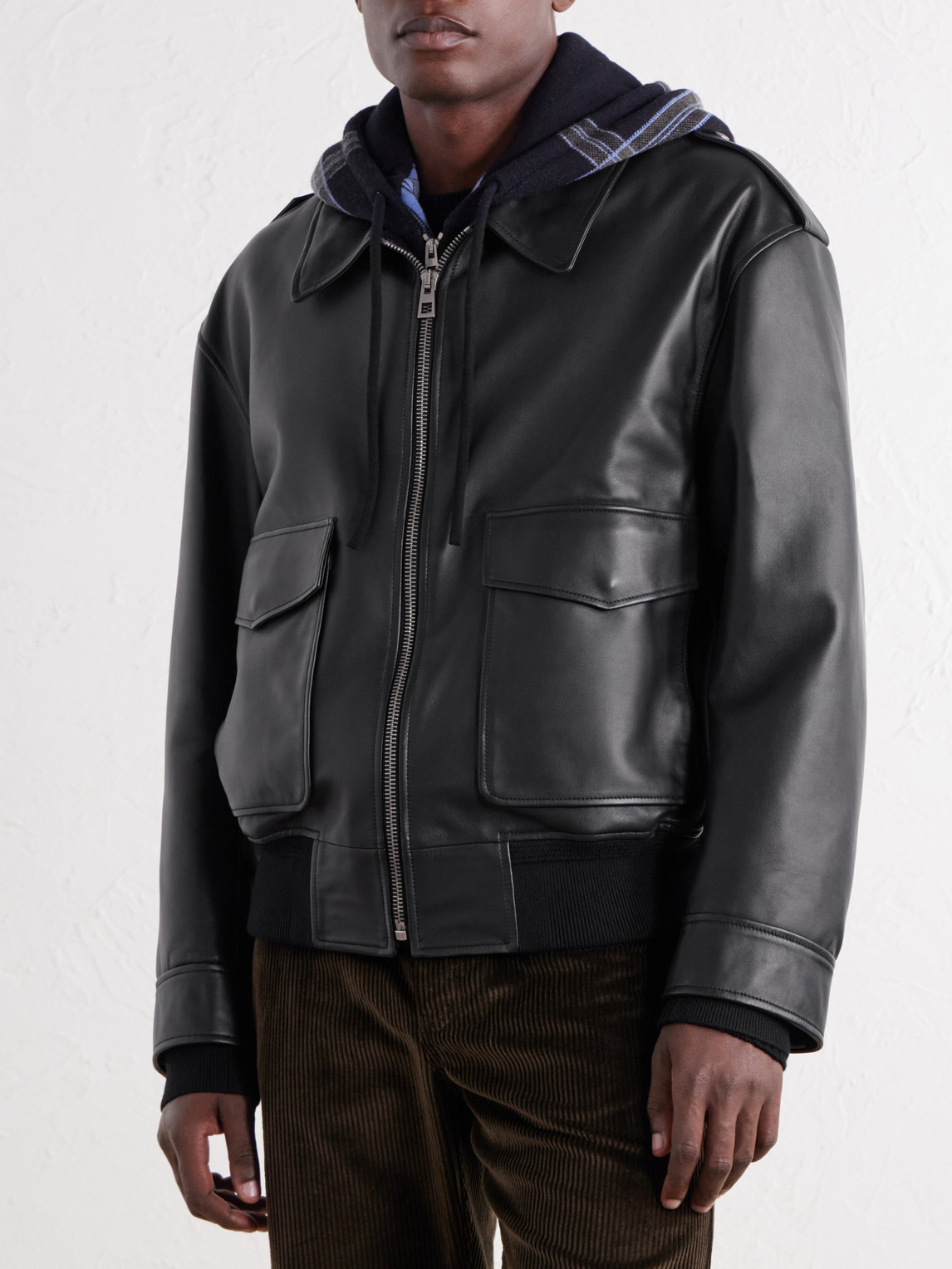 Hooded Checked Knit-Trimmed Leather