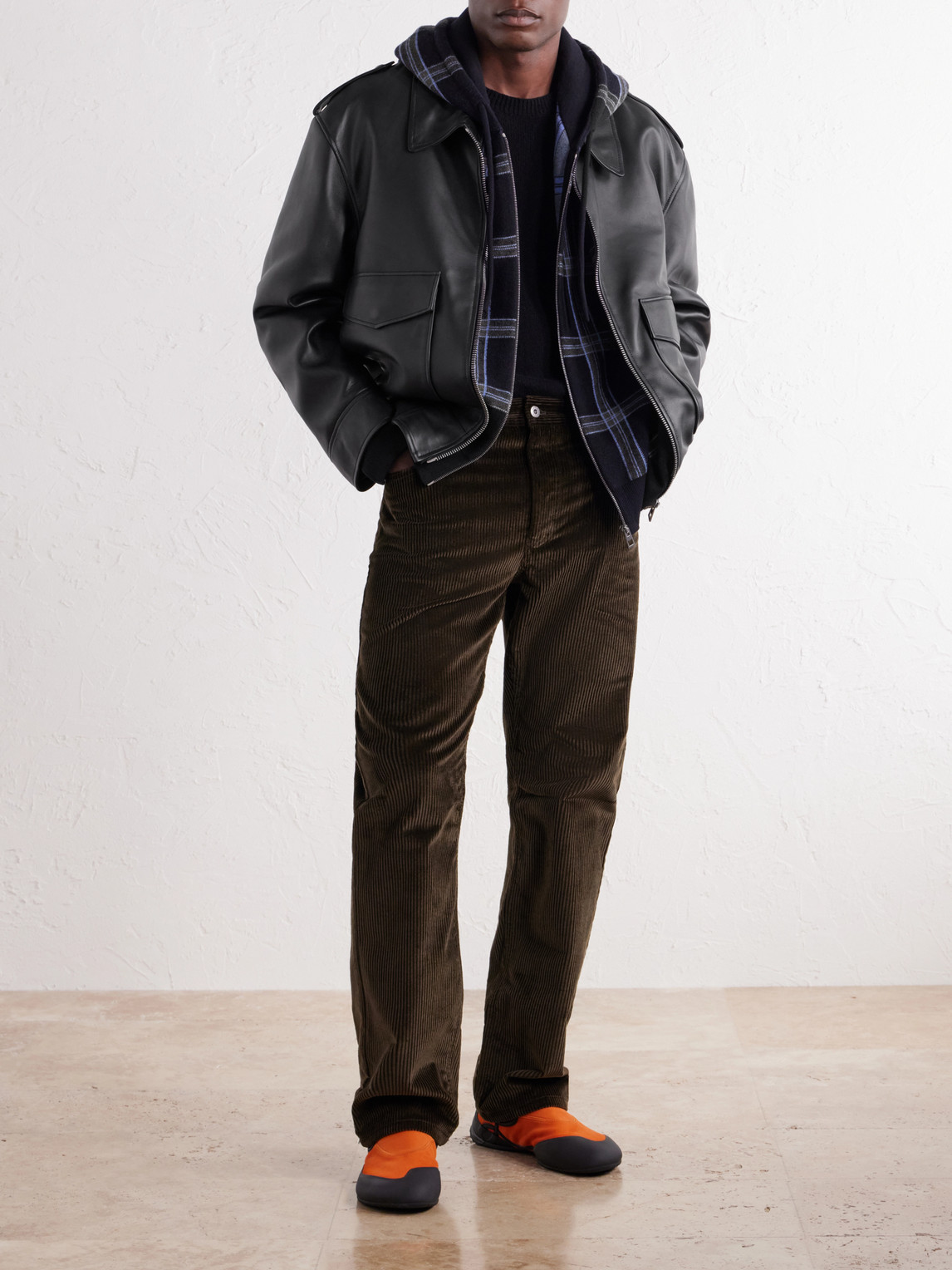 Hooded Checked Knit-Trimmed Leather