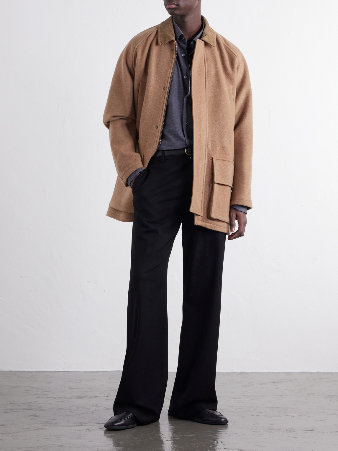 Panelled Corduroy-Trimmed Camel Jacket