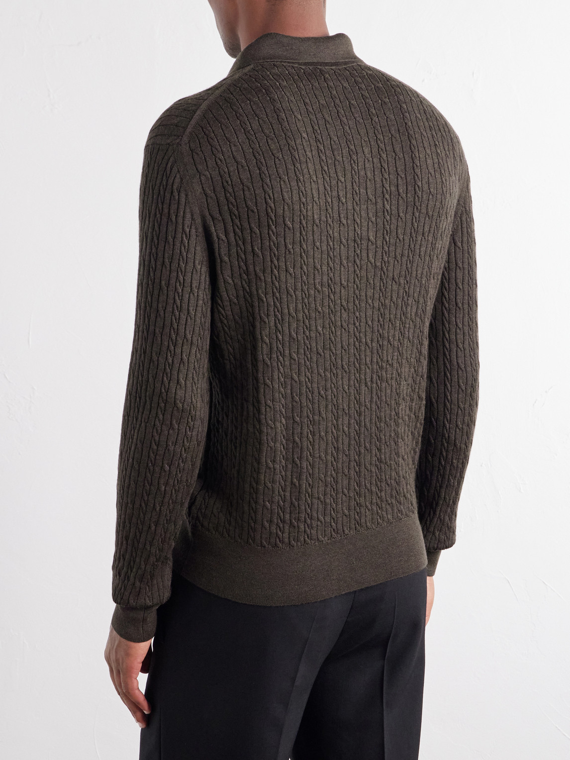 Cable-Knit Wool, Silk And Cashmere-Blend Polo Sweater