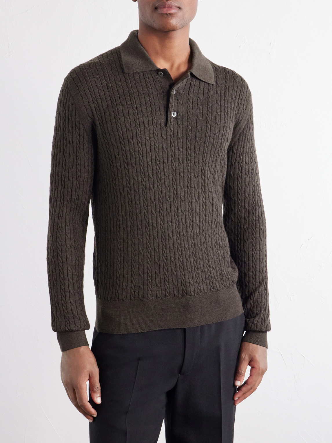 Cable-Knit Wool, Silk And Cashmere-Blend Polo Sweater