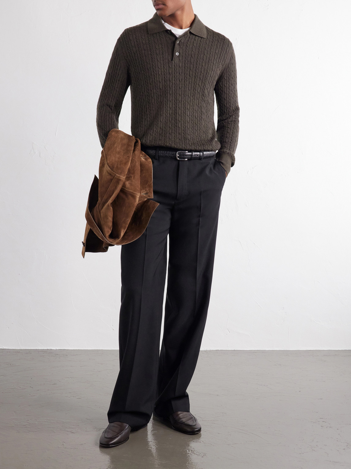 Cable-Knit Wool, Silk And Cashmere-Blend Polo Sweater
