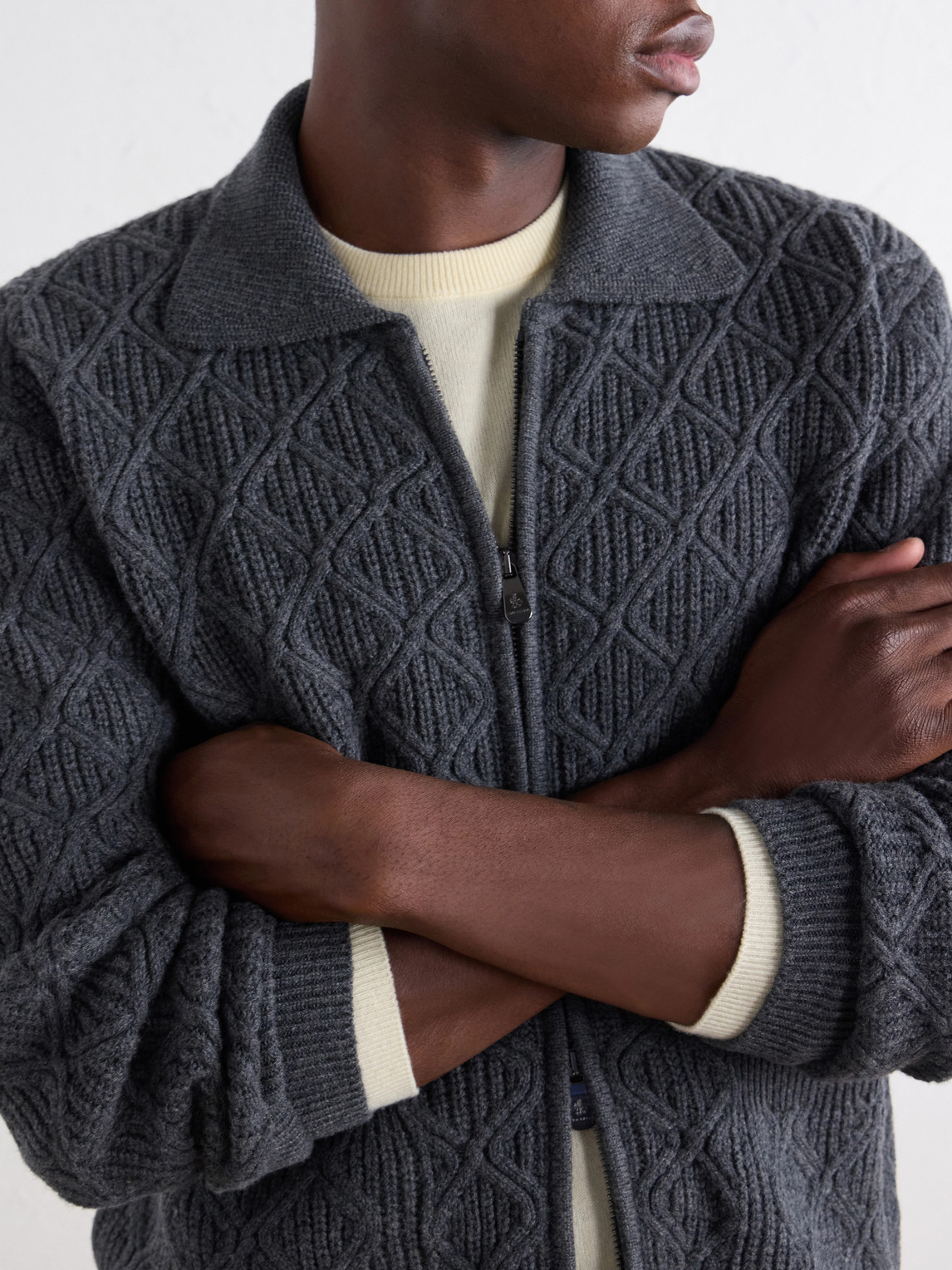 Cable-Knit Virgin Wool Zip-Up Sweater