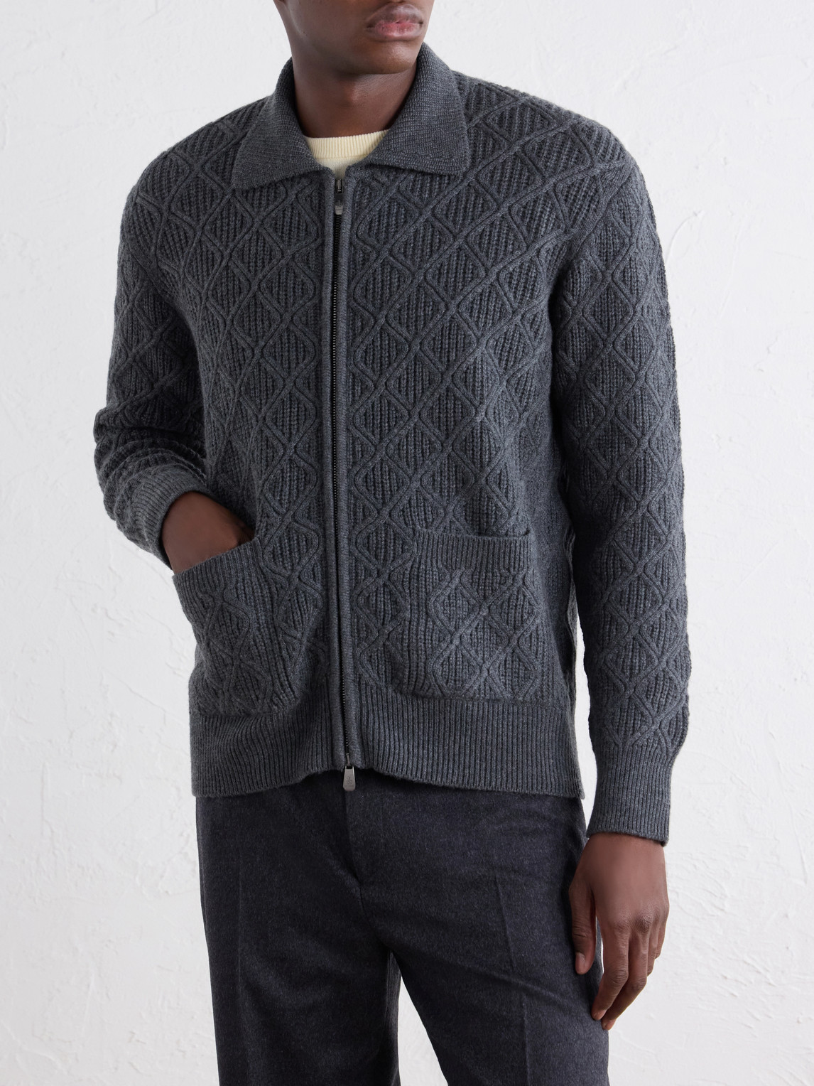 Cable-Knit Virgin Wool Zip-Up Sweater
