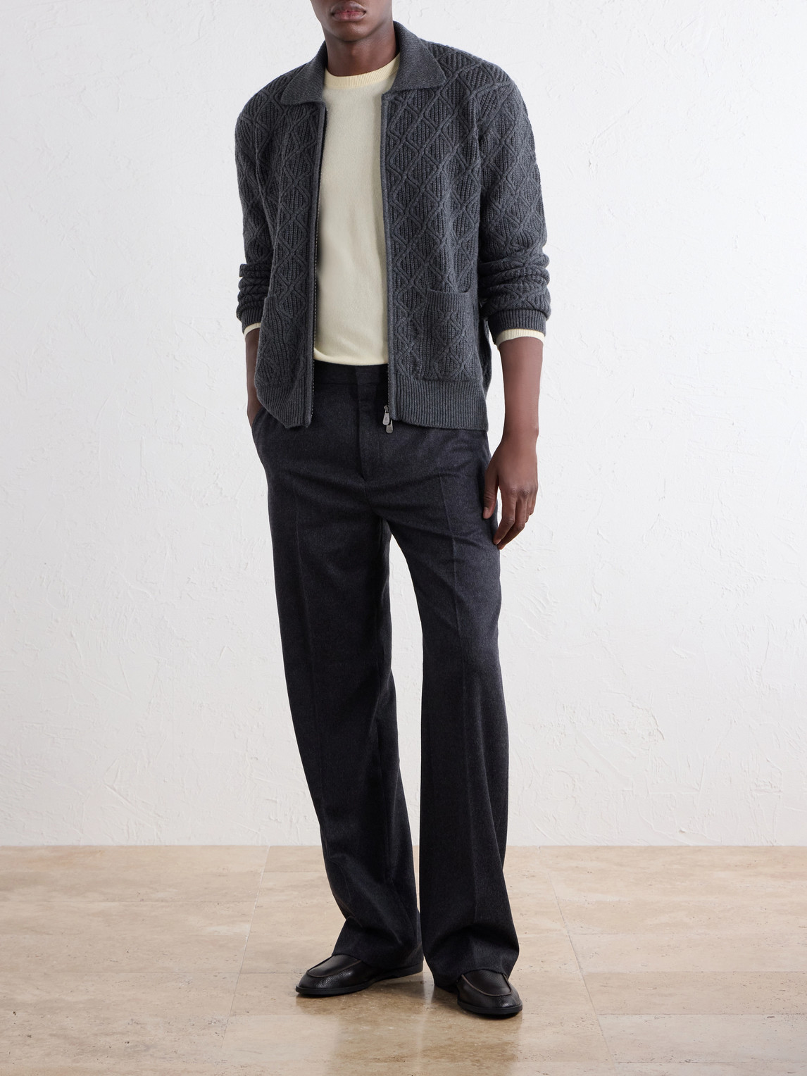 Cable-Knit Virgin Wool Zip-Up Sweater