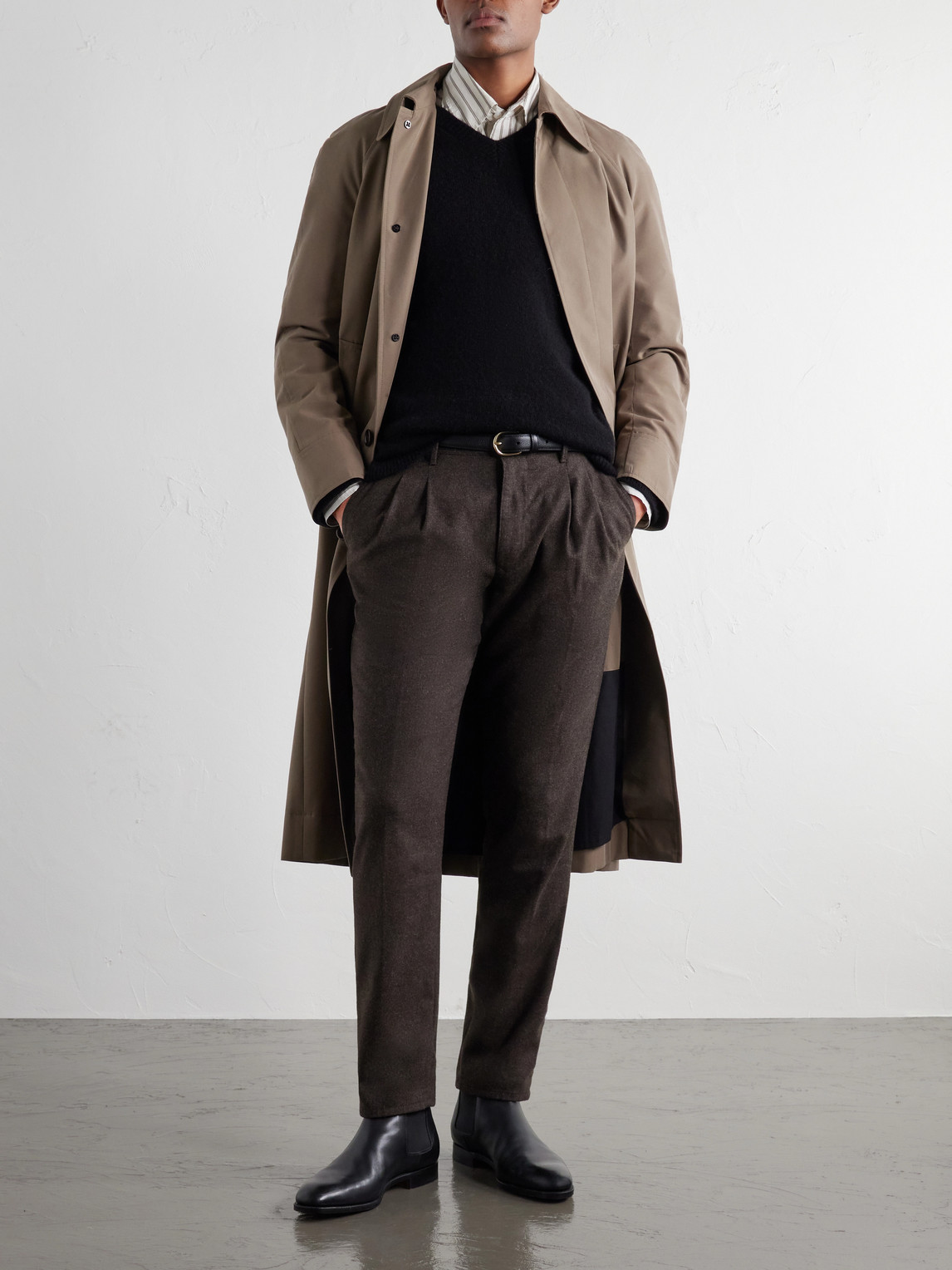 Tapered Pleated Wool-Blend Flannel Trousers