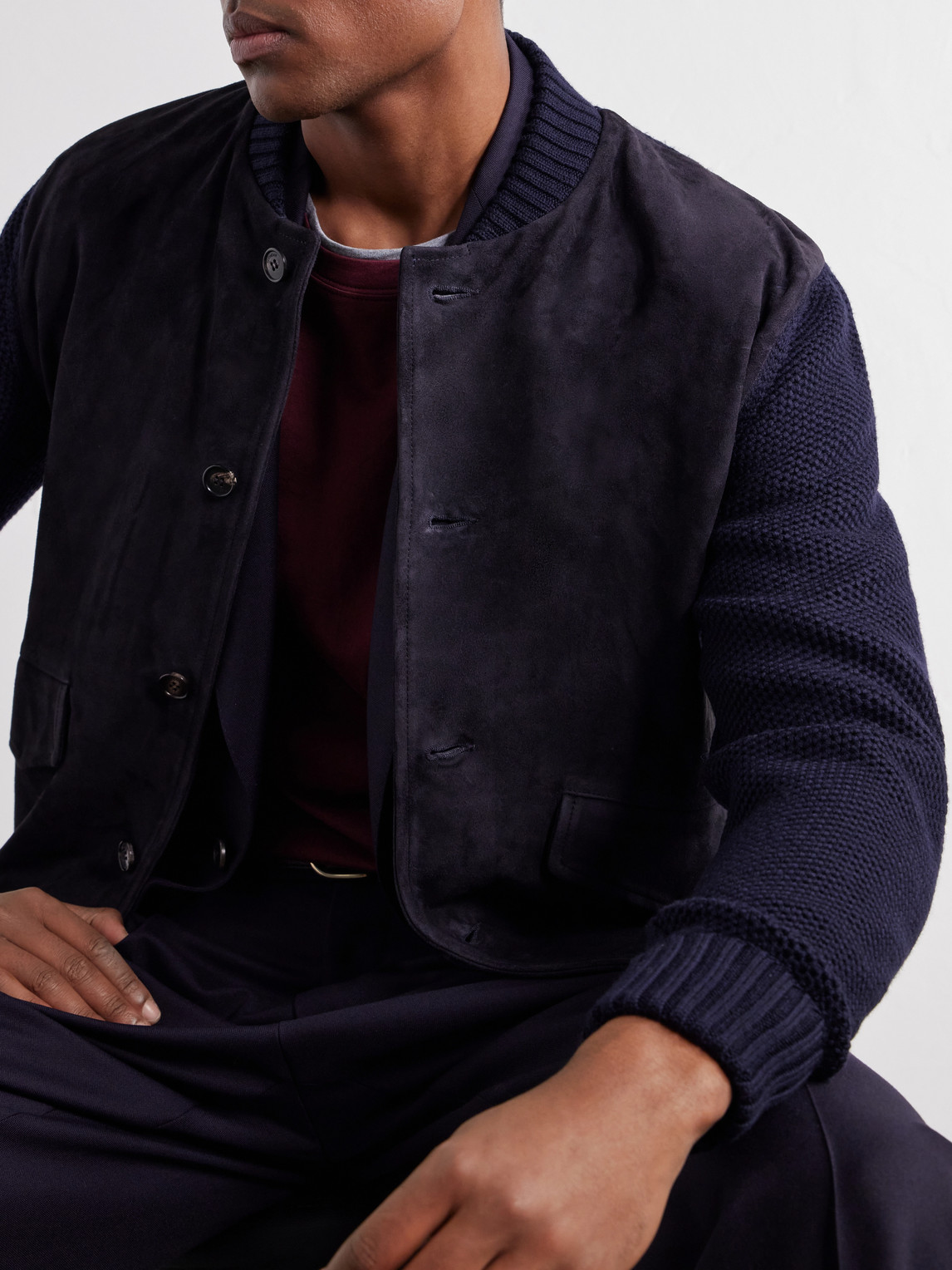 Zanone Slim-Fit Suede And Honeycomb-Knit Virgin Wool Bomber Jacket