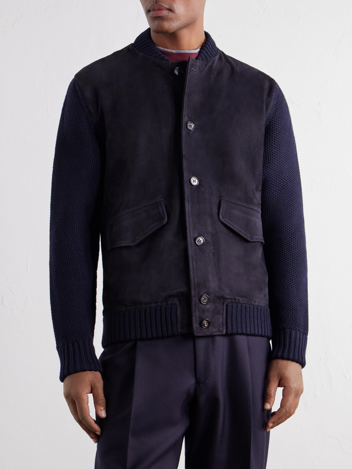 Zanone Slim-Fit Suede And Honeycomb-Knit Virgin Wool Bomber Jacket