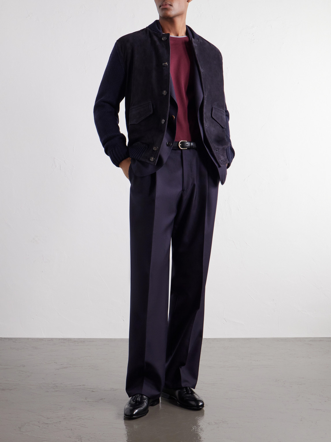 Zanone Slim-Fit Suede And Honeycomb-Knit Virgin Wool Bomber Jacket