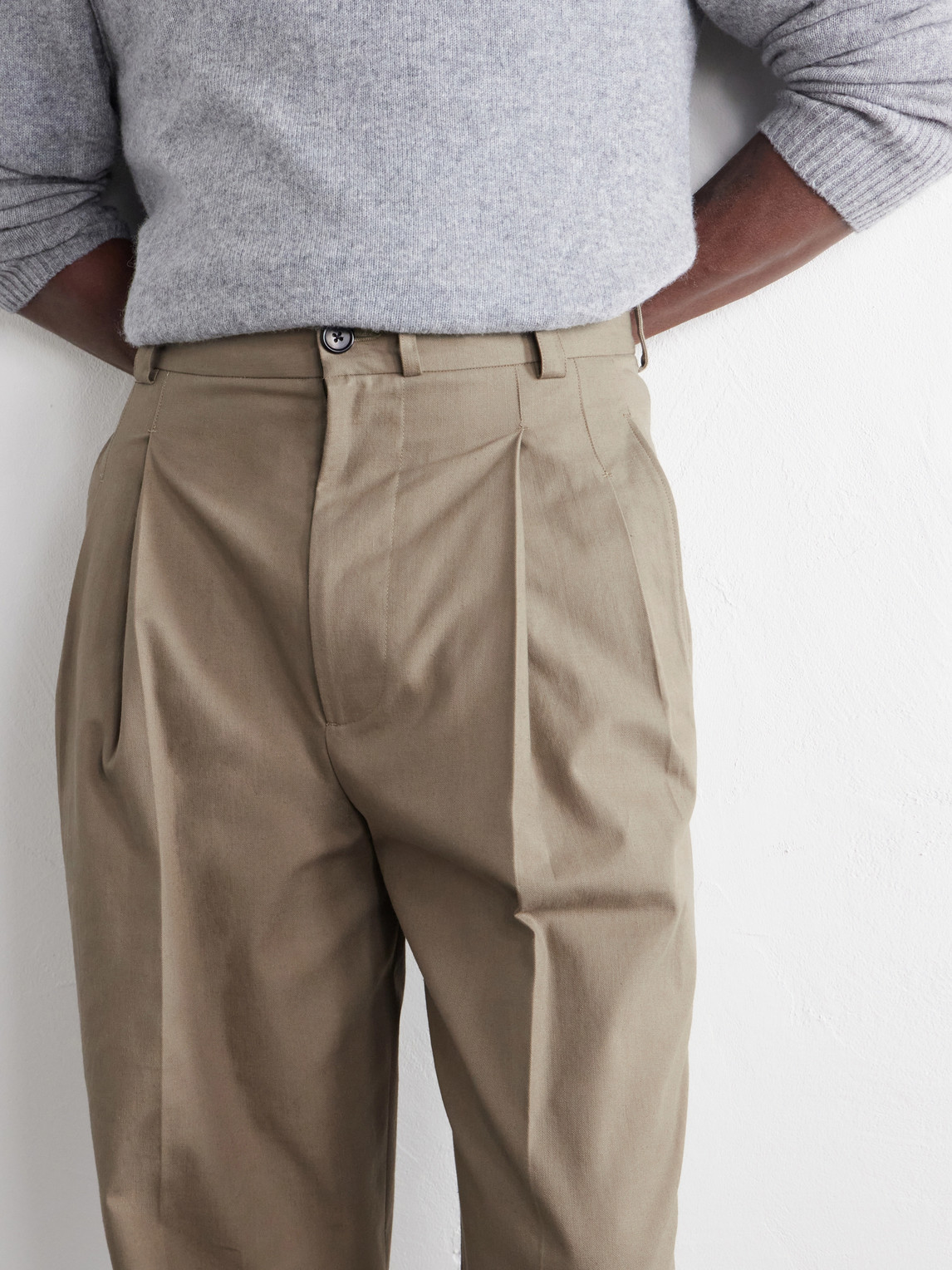 Straight-Leg Pleated Cotton-Drill Trousers