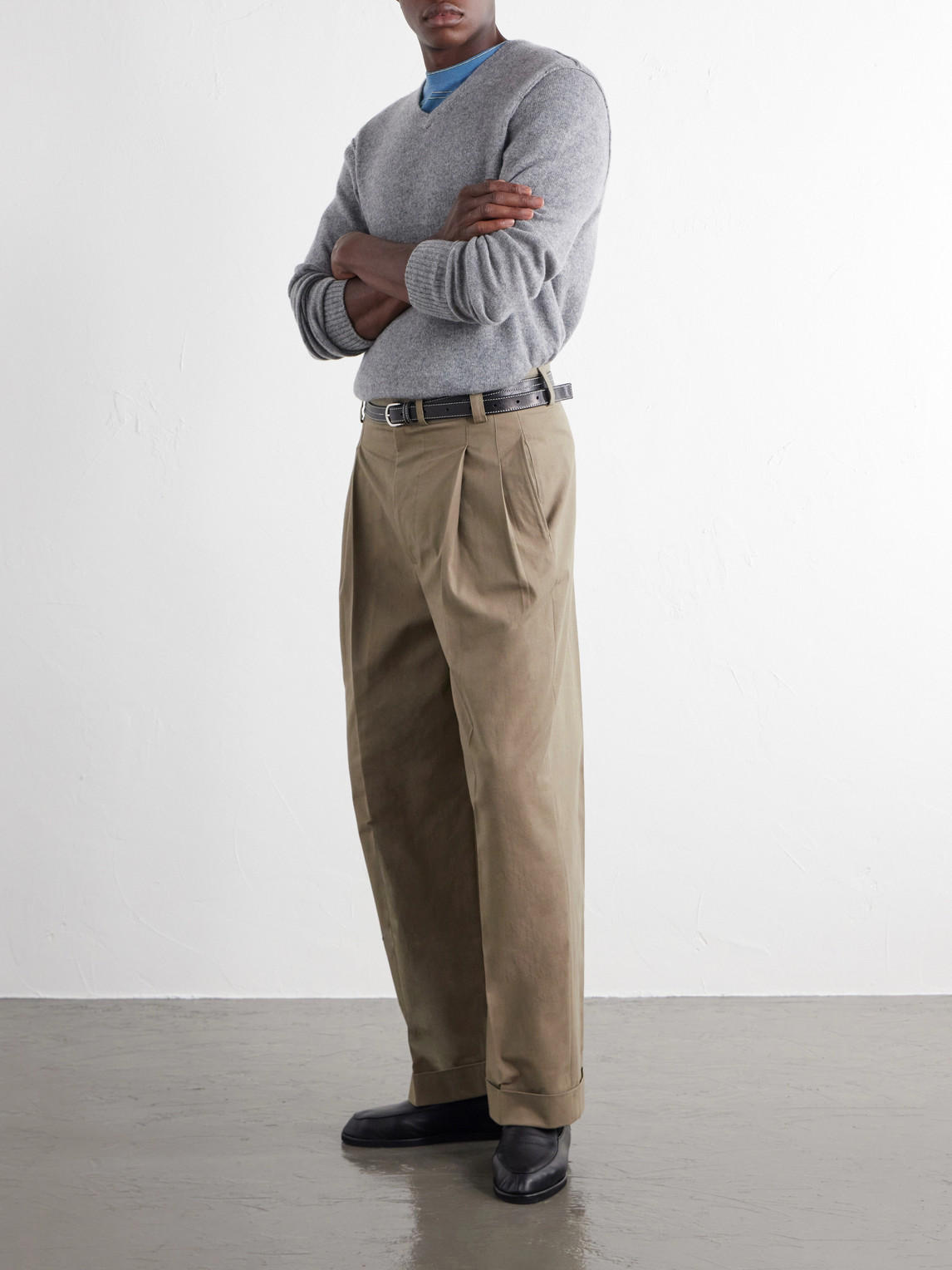 Straight-Leg Pleated Cotton-Drill Trousers