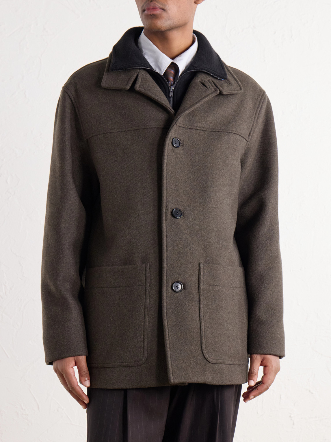 Knit-Trimmed Wool-Blend Melton Coat