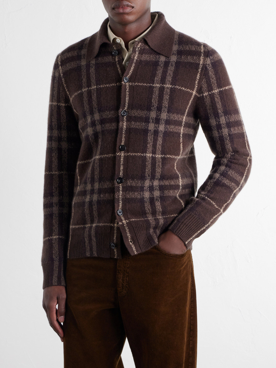 Checked Knitted Cashmere Polo Shirt