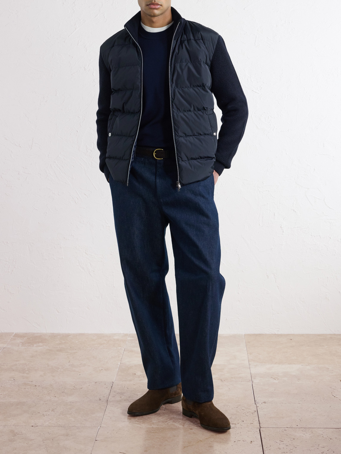 Waffle-Knit Wool And Quilted Shell Down Jacket