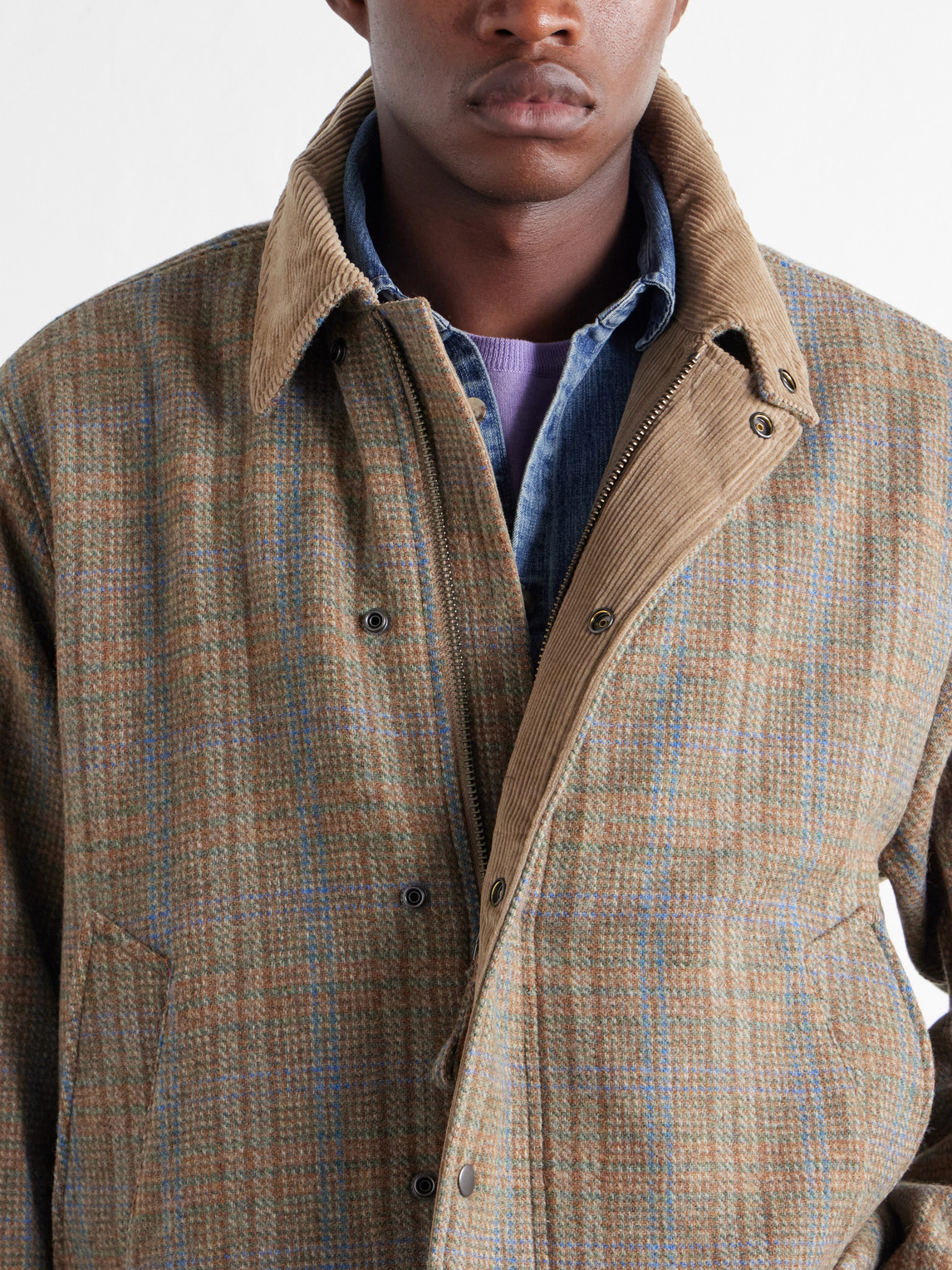 Corduroy-Trimmed Checked Jacket
