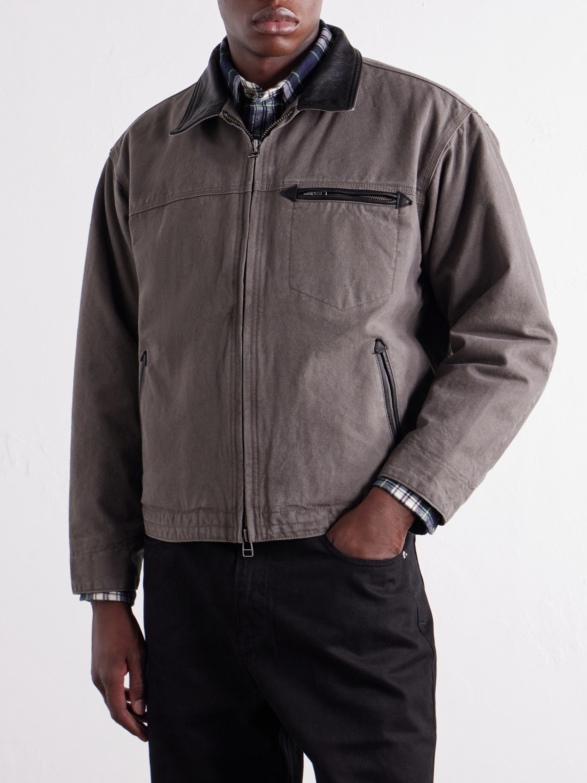 Distressed Leather-Trimmed Cotton-Canvas Jacket