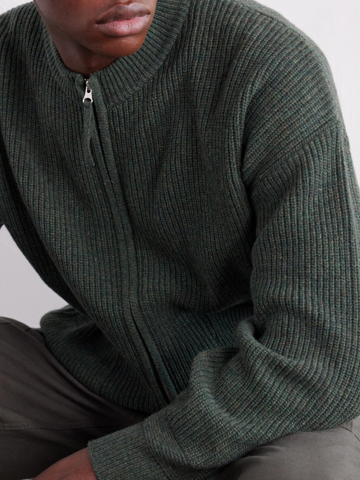 Ribbed-Knit Wool-Blend Zip-Up Cardigan