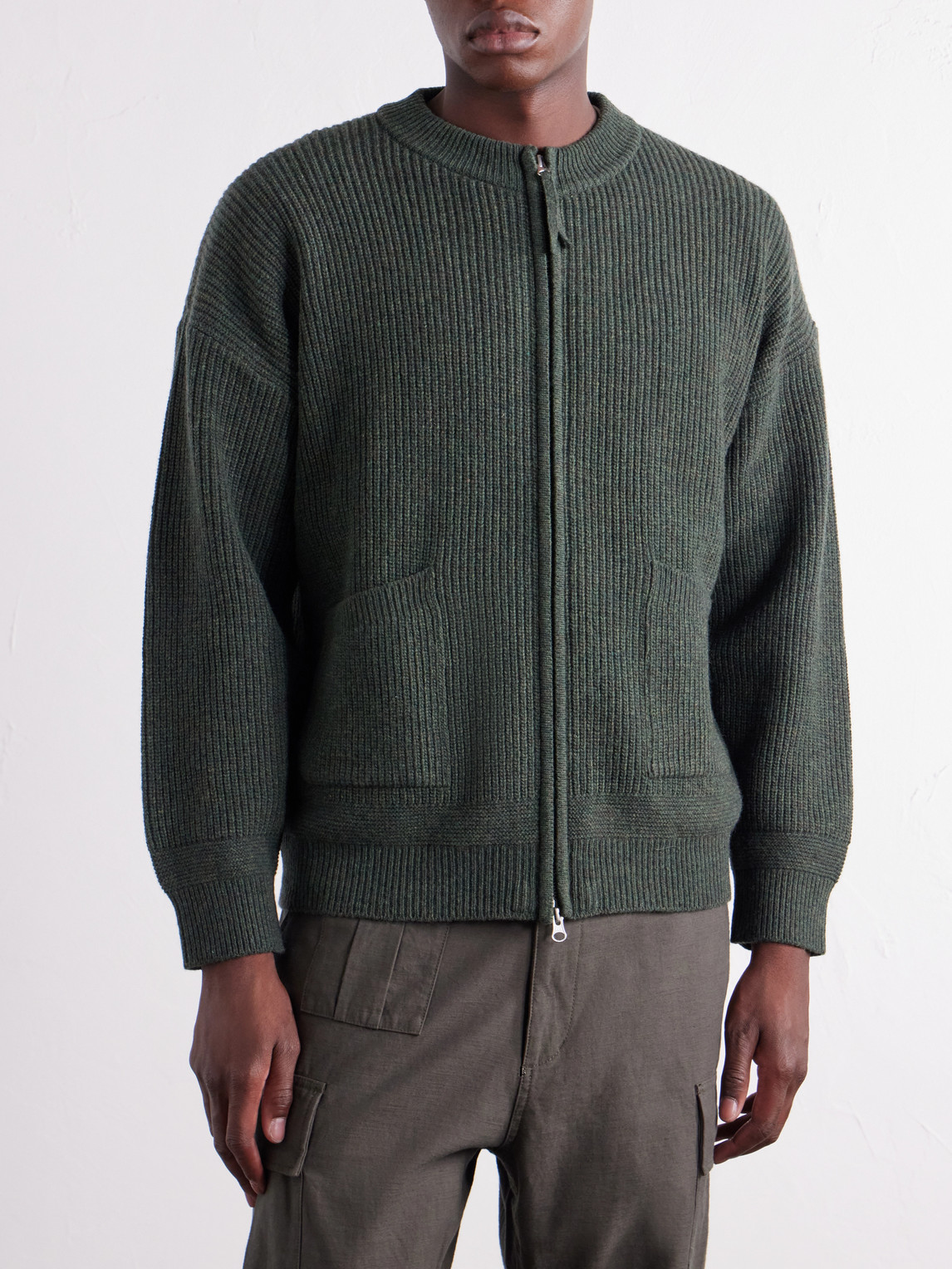Ribbed-Knit Wool-Blend Zip-Up Cardigan