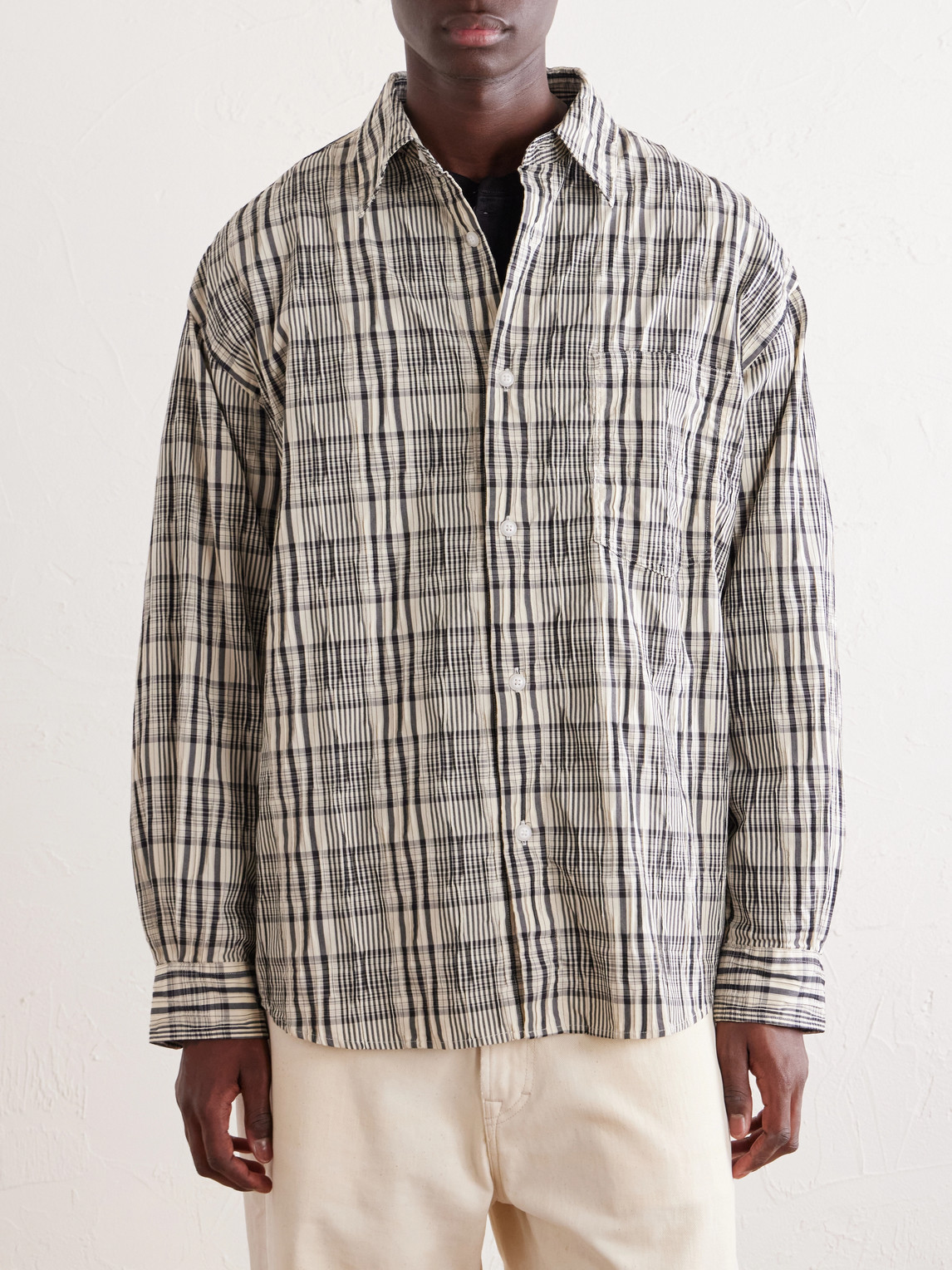 Crinkled Cotton-Blend Shirt Striped