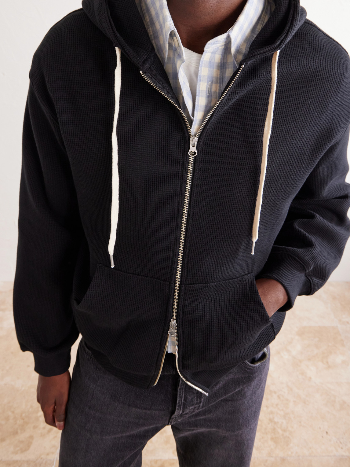 Waffle-Knit Cotton Zip-Up Hoodie