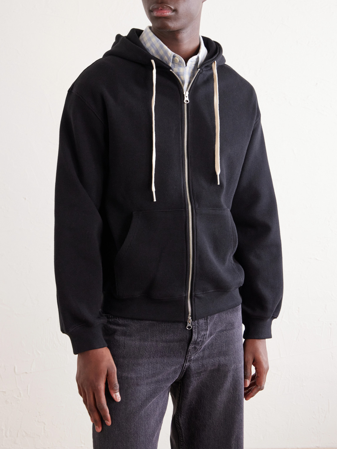 Waffle-Knit Cotton Zip-Up Hoodie
