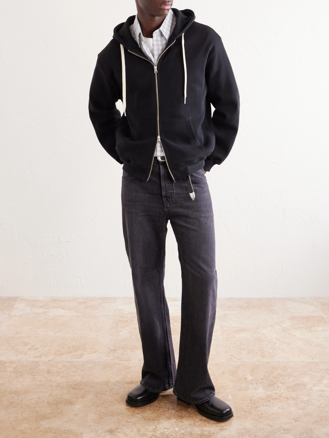 Waffle-Knit Cotton Zip-Up Hoodie