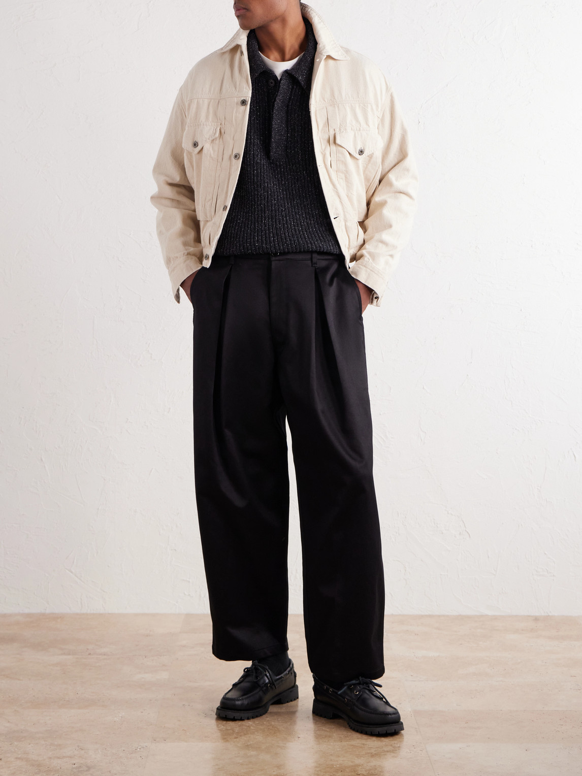 Ekusy Wide-Leg Pleated Cotton-Twill Trousers