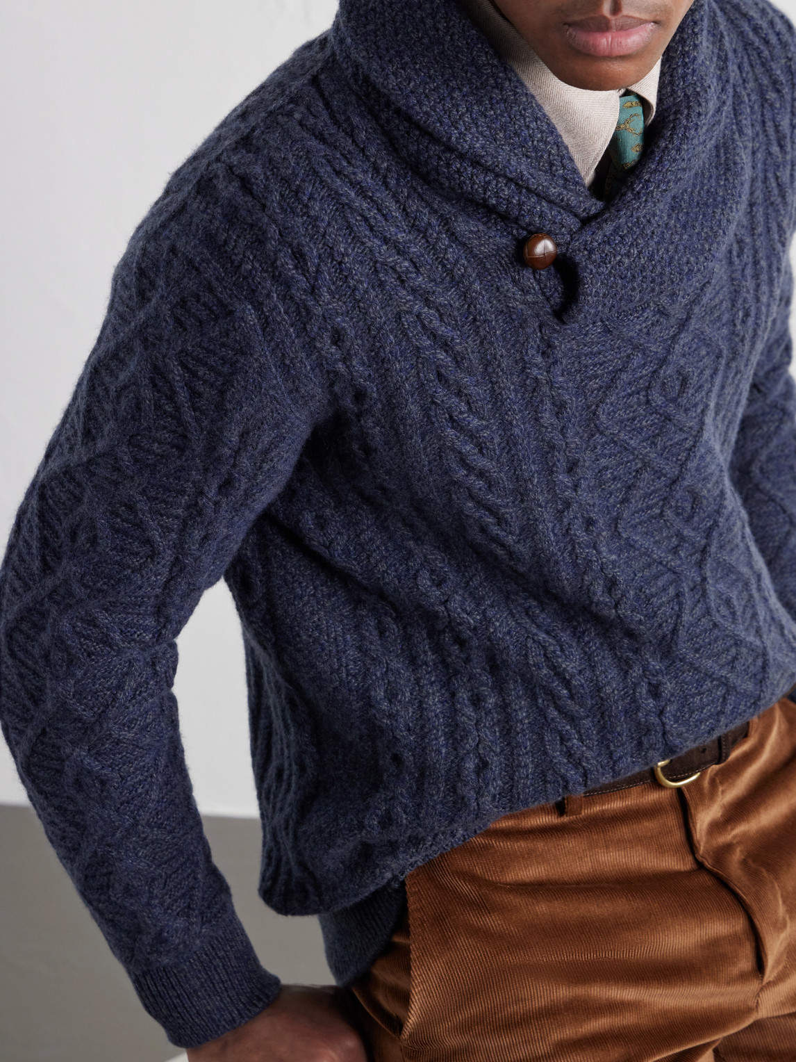 Shawl-Collar Aran Cable-Knit Sweater