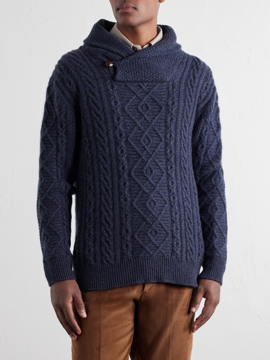 Shawl-Collar Aran Cable-Knit Sweater