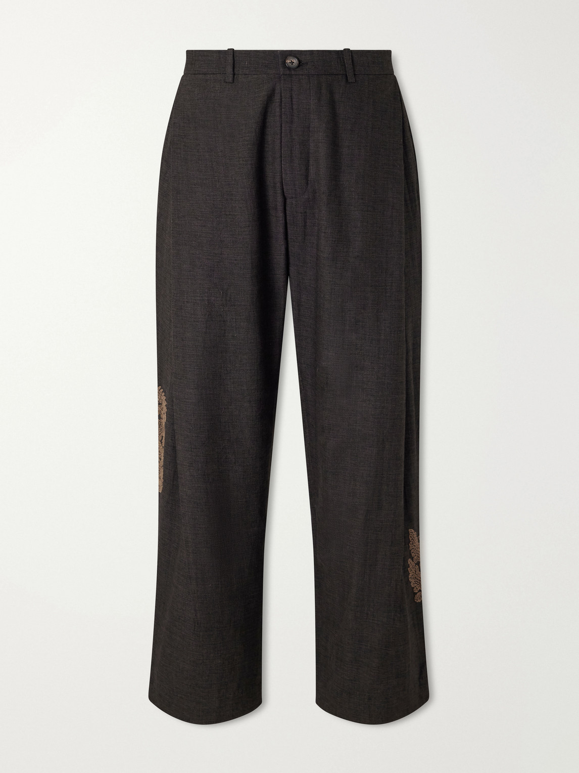 Straight-Leg Embroidered Pleated Handwoven Linen And Wool-Blend Suit Trousers