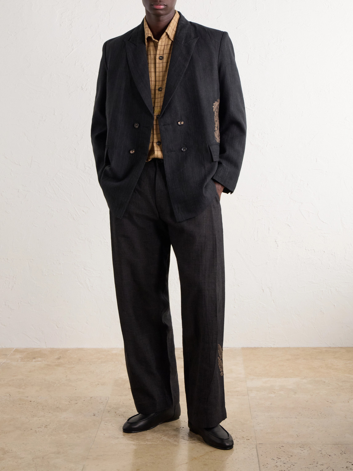 Straight-Leg Embroidered Pleated Handwoven Linen And Wool-Blend Suit Trousers