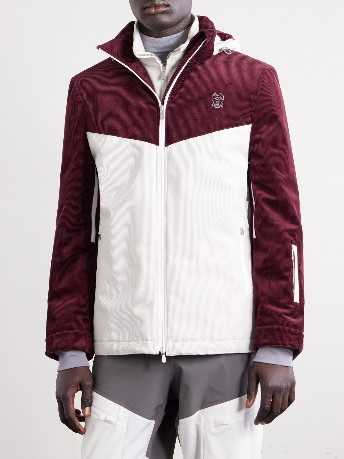 Logo-Embroidered Panelled Cotton-Corduroy Hooded Ski Jacket