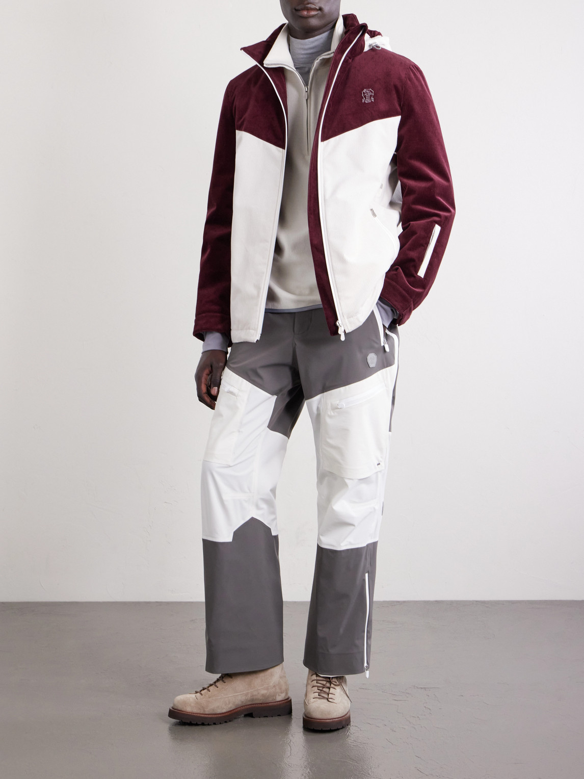 Logo-Embroidered Panelled Cotton-Corduroy Hooded Ski Jacket