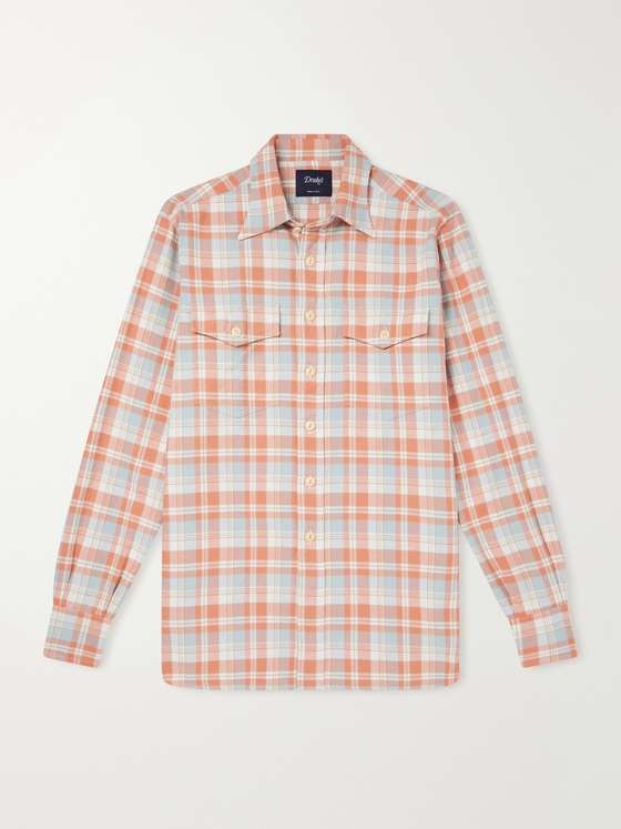 Drakes Checked Brushed Cotton-Flannel Shirt