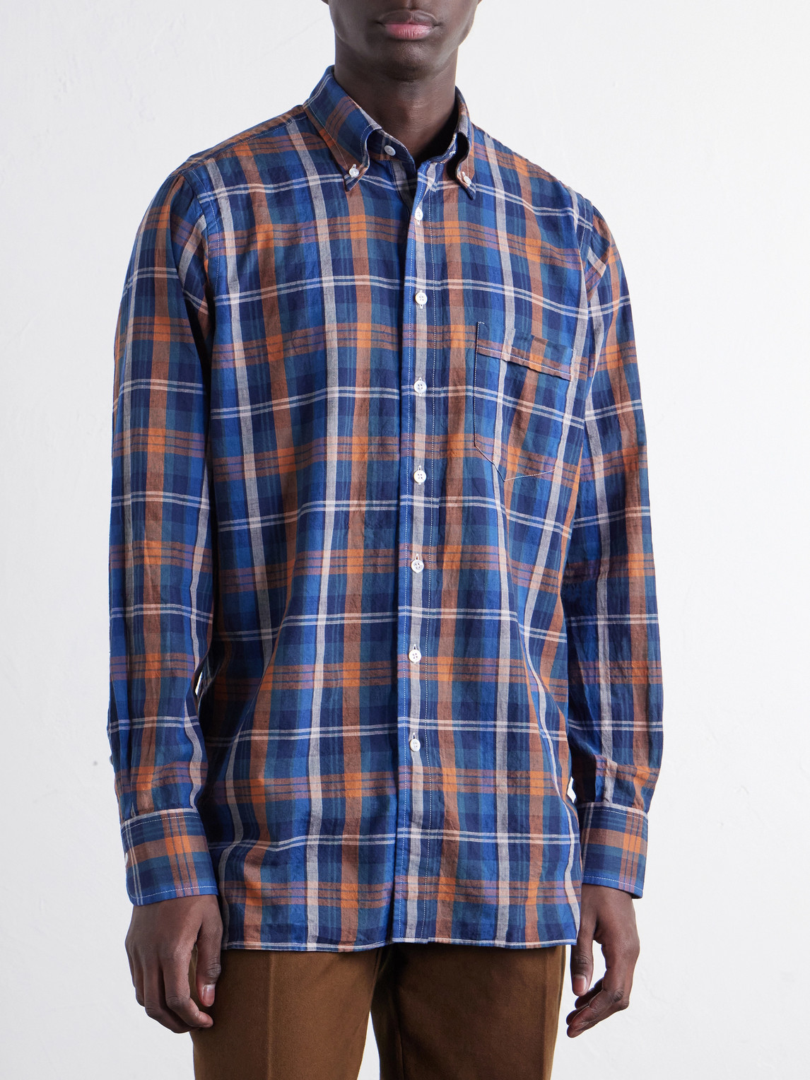 Button-Down Collar Checked Woven Cotton Shirt
