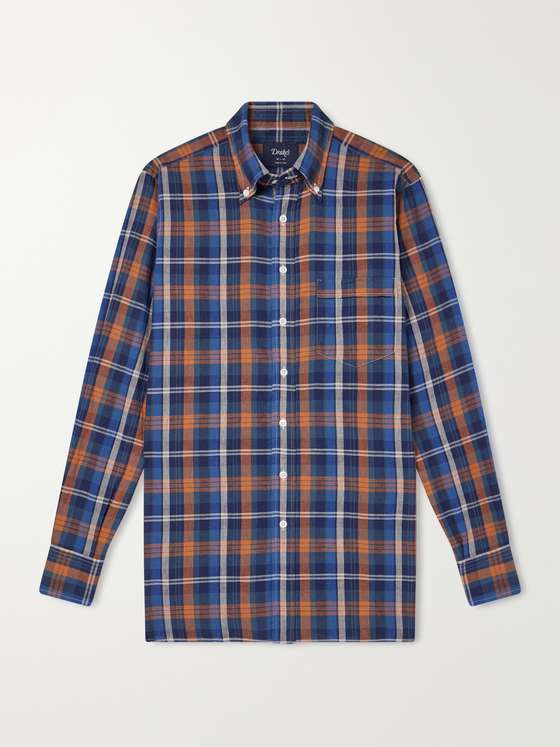 Drakes Button-Down Collar Checked Woven Cotton Shirt